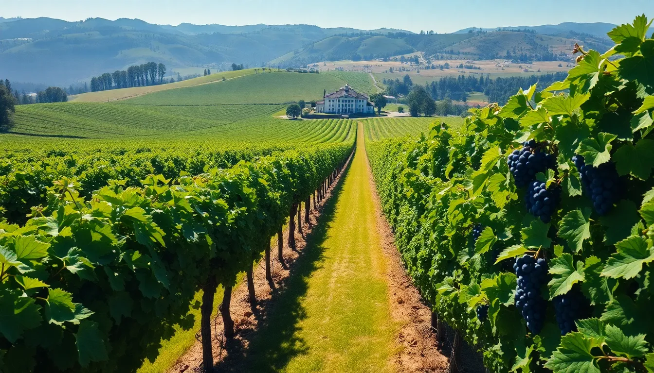 An expansive aerial view of a thriving vineyard estate at peak harvest, showcasing rows of lush green vines and ripe grapes. Bathed in bright sunlight, the vibrant colors evoke a sense of abundance and life, perfect for illustrating agricultural real estate. This image captures the beauty of rural estates and the charm of vineyard cultivation, ideal for marketing purposes.