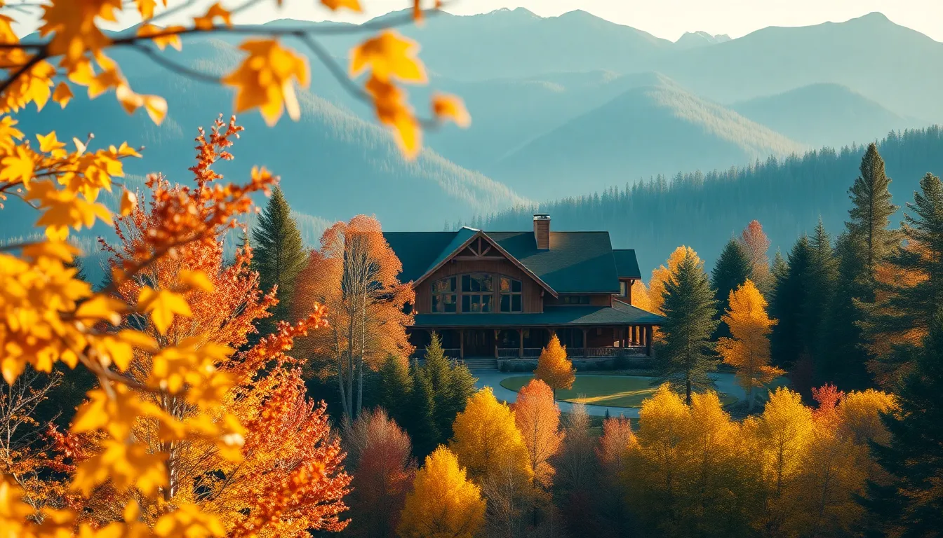 An enchanting aerial view of a rustic mountain lodge surrounded by vibrant autumn foliage. The soft morning light casts a warm glow over the scene, showcasing the rich colors of the leaves and the lodge's natural materials. This image captures the serene beauty of mountain retreats, making it perfect for real estate marketing focused on vacation properties or serene getaways.