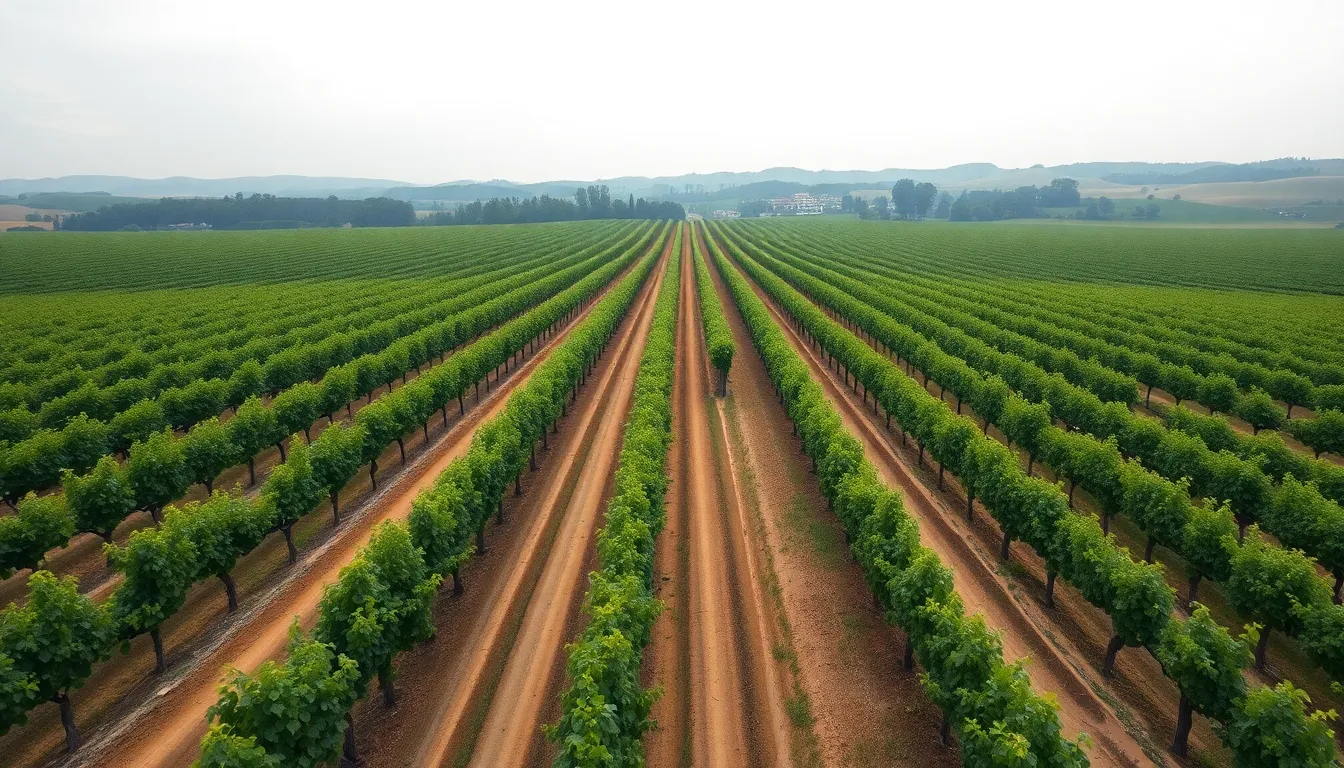 This stunning aerial view showcases an expansive vineyard beneath soft overcast skies, with rows of lush grapevines extending toward the horizon. The natural muted tones create an authentic agricultural atmosphere, highlighting the beauty of the land. Sharp details bring every element into focus, from the vines in the foreground to the rolling hills in the distance, while leading lines draw the viewer's eye through this picturesque landscape.