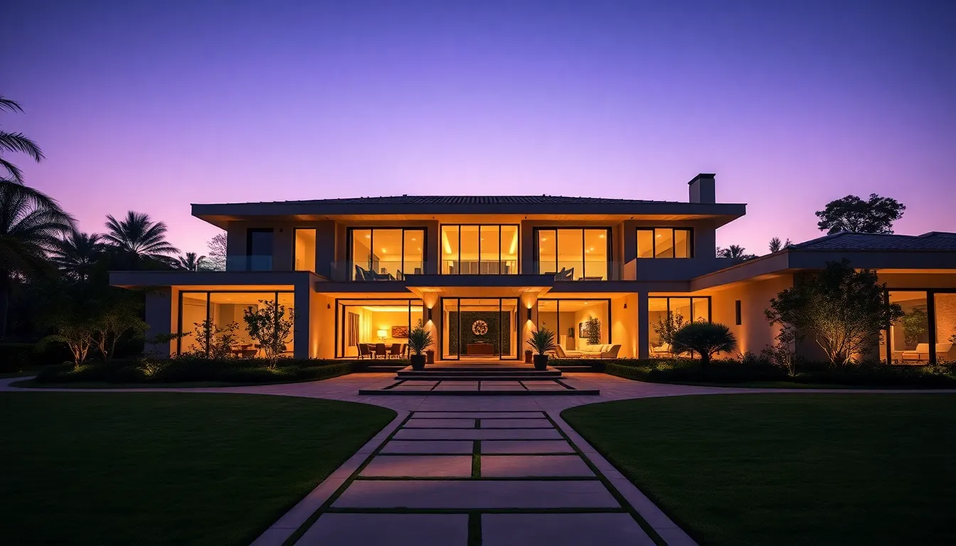 Twilight View of a Modern Villa This aerial shot of a luxurious modern villa at twilight radiates charm, with its glowing interior lights creating a captivating effect against the dusky backdrop. The image effectively captures the architectural elegance and stunning landscaping, inviting viewers into a serene ambiance. Leading lines from the pathways draw attention to the villa's entrance, while soft purples and blues enhance the overall mood. The textural interplay of glass, stone, and wood adds depth, showcasing the sophistication of this exquisite property.