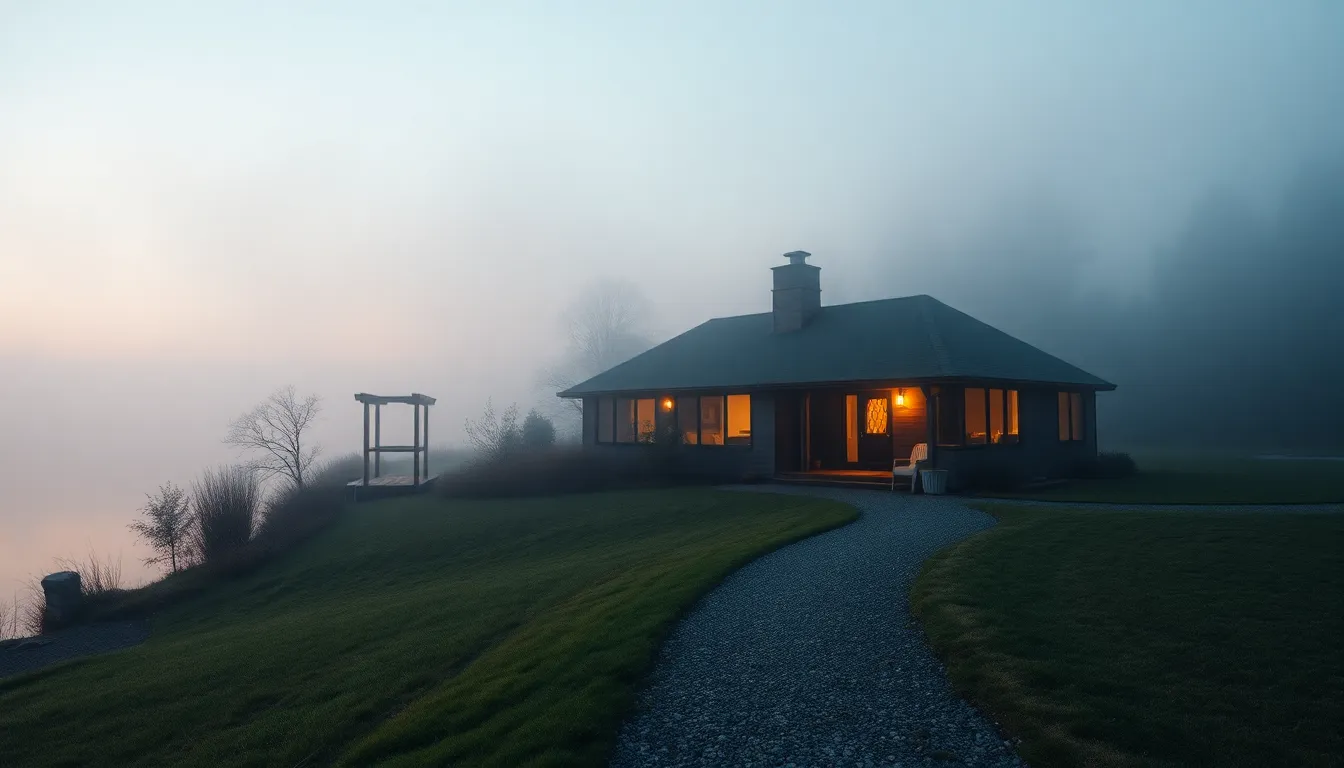 This enchanting aerial shot depicts a serene lakeside retreat enveloped in early morning fog. The soft glow from a warm tungsten lamp illuminates the home, creating a cozy atmosphere against the misty surroundings. With a focus on hyperfocal depth, every detail from the retreat to the fog-covered lake is in sharp clarity. The muted color palette adds to the tranquility, and leading lines guide viewers along the lakeside path toward the retreat.