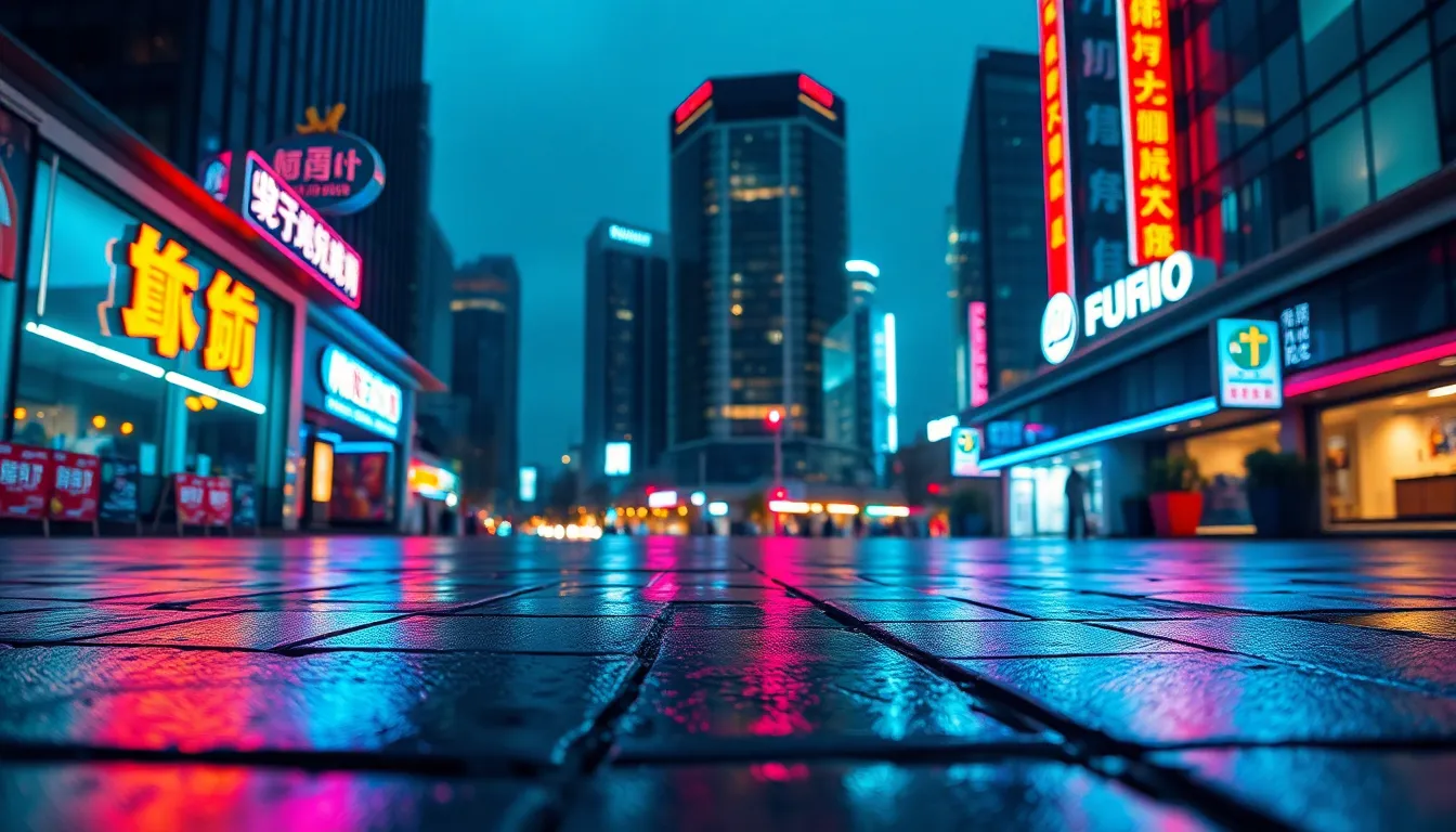 This aerial photograph captures a vibrant urban skyline at night, illuminated by colorful neon signage reflecting on wet pavement. The energy of the city is palpable, enhanced by the cinematic coloring that emphasizes a lively evening ambiance. The composition draws the eye toward the reflective glass surfaces of modern high-rises, creating a stunning contrast against the deepening night sky.