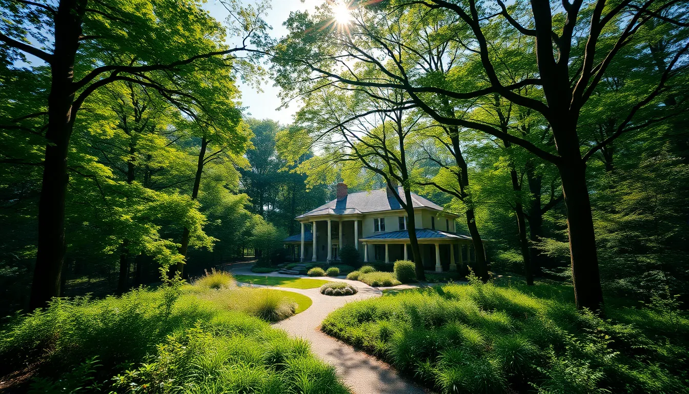 This stunning aerial shot captures a sprawling estate embraced by a vibrant forest, encapsulating the essence of luxury and nature. Dappled sunlight filters through the tree canopy, creating enchanting bokeh highlights. The composition utilizes a Dutch angle to evoke excitement and dynamism, while rich greens and deep blues saturate the scene, enhancing the visual appeal and showcasing the lush surroundings.