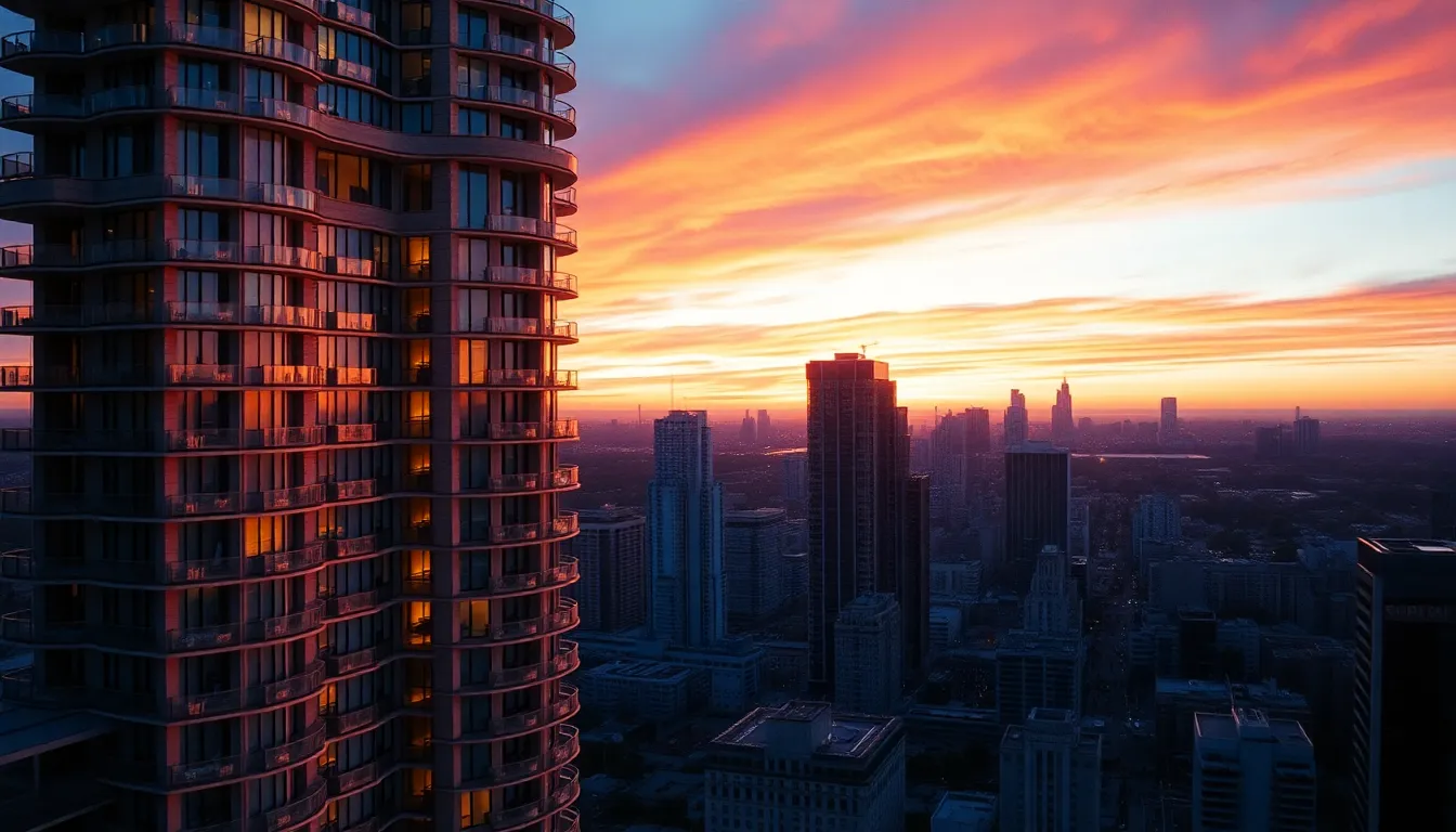 This aerial photograph captures a luxurious high-rise condominium against a dramatic sunset skyline. The warm hues of the sunset cast striking shadows on the building, accentuating its architectural features. With a shallow depth of field, the image beautifully blurs the bustling city below, guiding the viewer's focus to the condominium's grandeur. The Kodak Portra 400 color palette enriches the warmth of the scene, making it visually captivating.