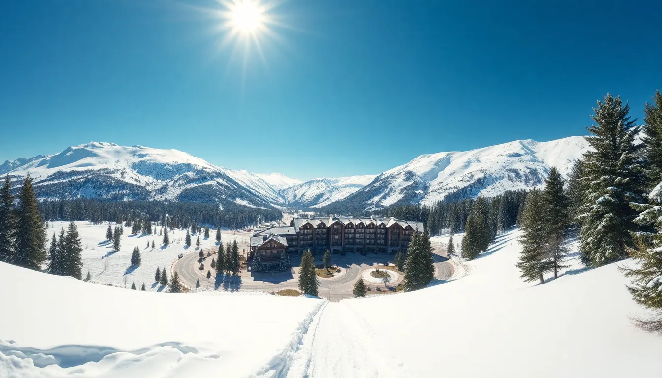 Luxury Mountain Resort with Snow-capped Peaks An exquisite aerial view of a luxurious mountain resort sits amidst stunning snow-capped peaks under a brilliant blue sky. The image captures the resort's elegant design and the shimmering snow that blankets the surrounding landscape. Clear pathways guide the viewer’s gaze through the scene, enriched by the vibrant greens of nearby pine trees. This image conveys the tranquility and grandeur of a winter retreat, showcasing both human architecture and natural beauty.