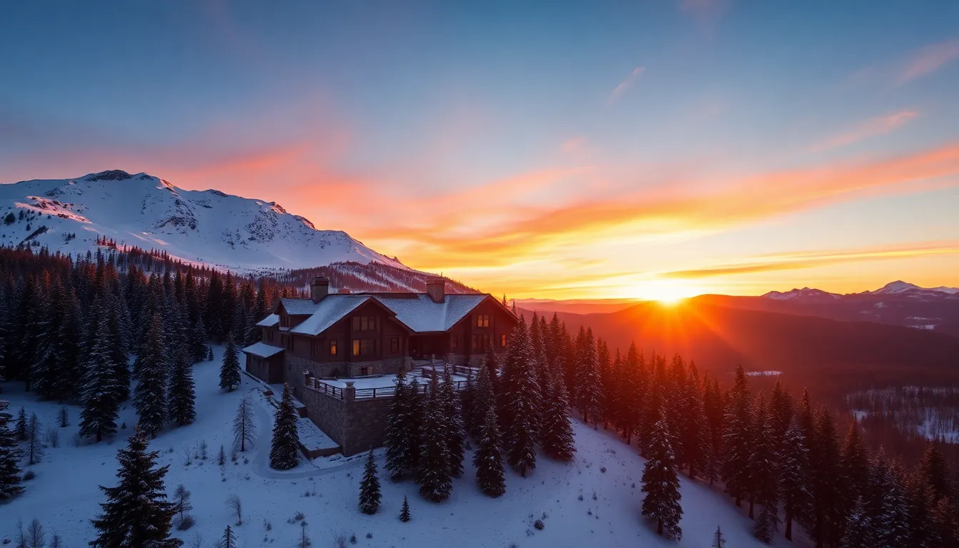 This breathtaking aerial shot features a luxurious mountain retreat surrounded by stunning snow-capped peaks illuminated by a golden sunset. The contrast between warm sunset colors and cool snowy textures creates a dramatic mood, showcasing the beauty of high-end mountain living. Perfectly composed and sharply focused, this image is ideal for real estate and luxury travel promotions.
