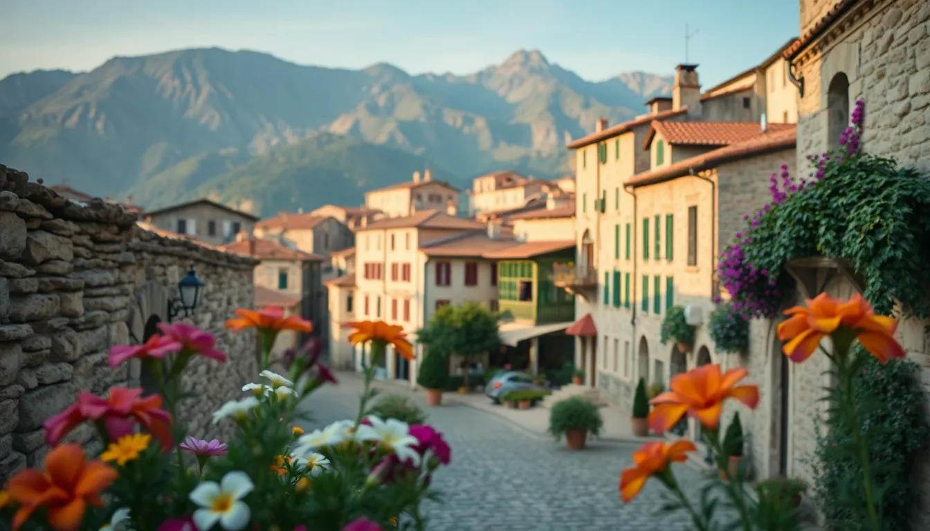 This stunning aerial view captures the charm of a historic mountain village, nestled among rugged peaks. Soft morning light illuminates the textured stone buildings and winding cobblestone streets, creating a tranquil atmosphere. Vibrant flowers in the foreground draw the viewer's attention, while the village gently fades into the lush landscape behind it. The natural muted tones enhance the rustic feel of the scene, and the composition effectively uses the rule of thirds to balance the village against the majestic mountains.