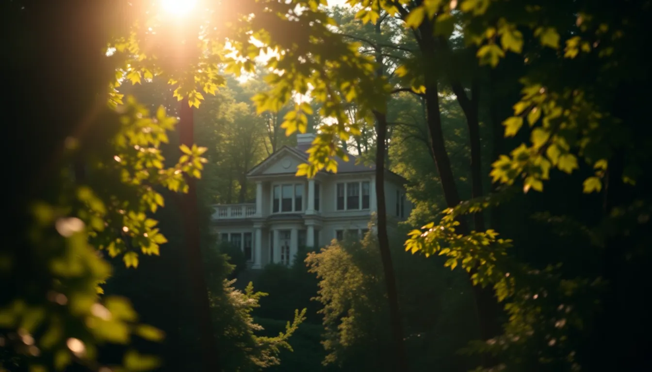 This captivating aerial shot reveals a majestic mansion nestled within a dense, sunlit forest. Dappled sunlight creates an enchanting atmosphere, while selective focus draws attention to the intricate roof of the mansion. The cinematic teal and orange color grading adds to the lush, earthy palette, and the composition's leading lines entice viewers to explore the scene further. It's a serene representation of luxury living in harmony with nature.
