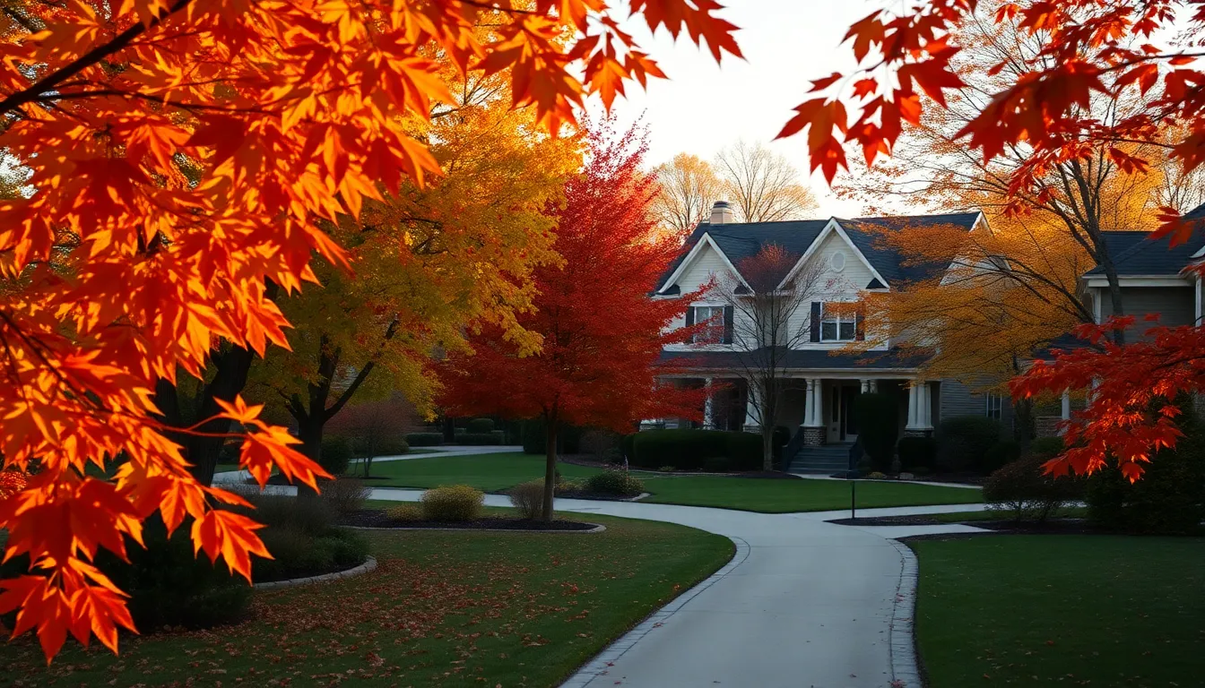 Autumn Neighborhood in Suburban Bliss This aerial capture of a suburban neighborhood during autumn offers a breathtaking view of homes surrounded by vibrant foliage. The warm afternoon light enhances the fiery colors of the leaves, creating a cozy and inviting atmosphere. Using the rule of thirds, pathways guide the viewer's eye through the scene, emphasizing the charm of each residence. The crisp detail of the textured leaves against the sharp architecture portrays a serene fall day.