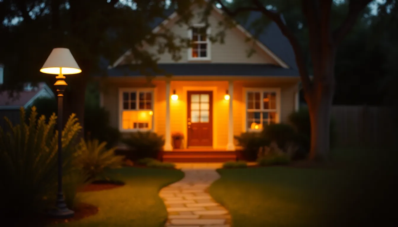This photograph captures the charm of a welcoming house enhanced by a beautifully maintained yard and winding pathway. The warm glow from a nearby lamp adds a cozy atmosphere, while the selective focus pulls attention to the inviting entrance. The soft background emphasizes the home's architectural features, showcasing a perfect blend of welcoming greenery and structured design.