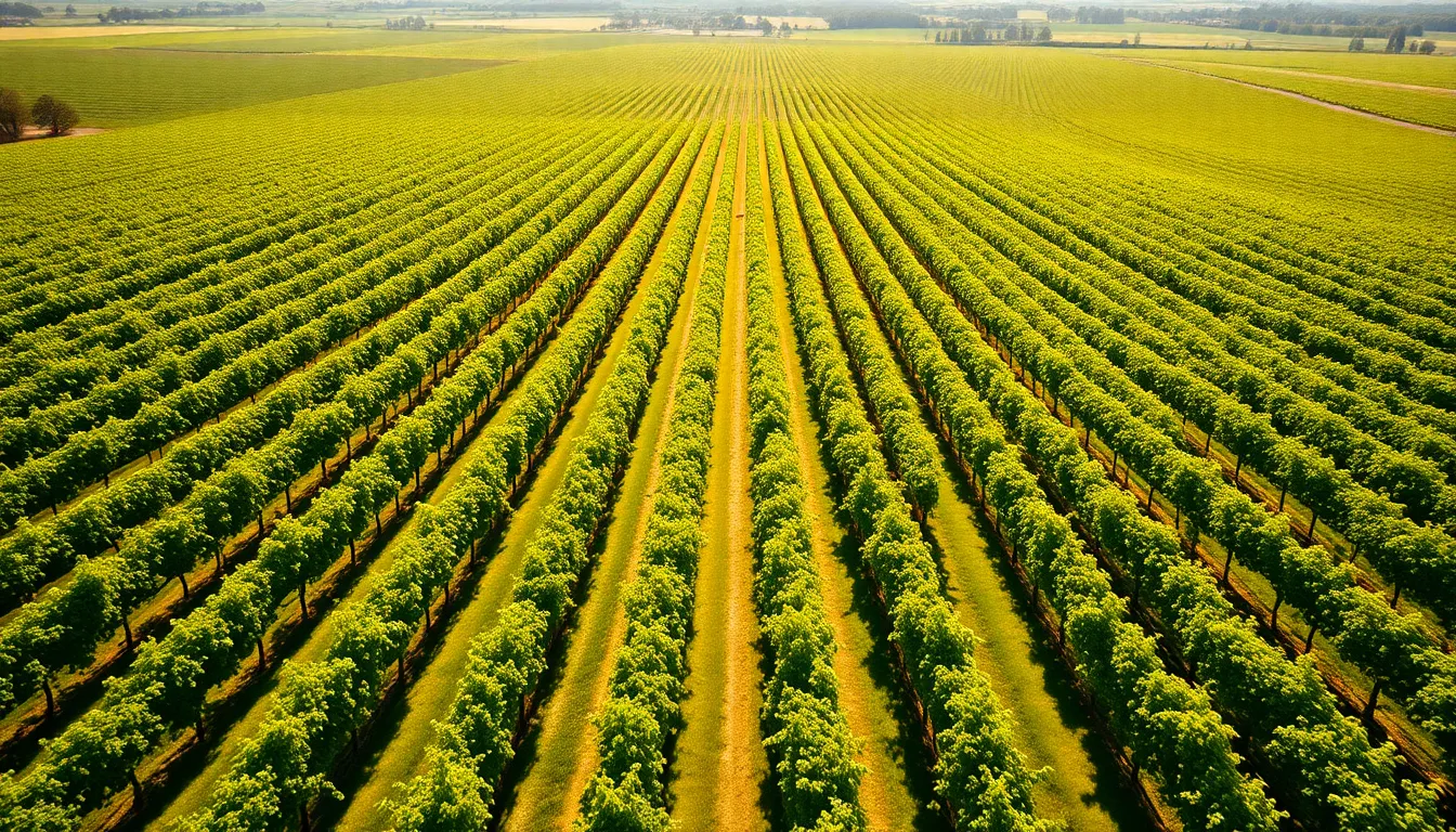 This stunning overhead photograph showcases a sprawling vineyard landscape basking in the sun's warm glow. The organized rows of grapevines create elegant leading lines that guide the viewer's gaze across the lush greenery. Rich textures of the grape leaves stand out brilliantly against the softly blurred background, reflecting the vibrancy of the agricultural scene. This image is perfect for promoting wine country real estate and agricultural tourism, evoking a sense of tranquility and abundance.