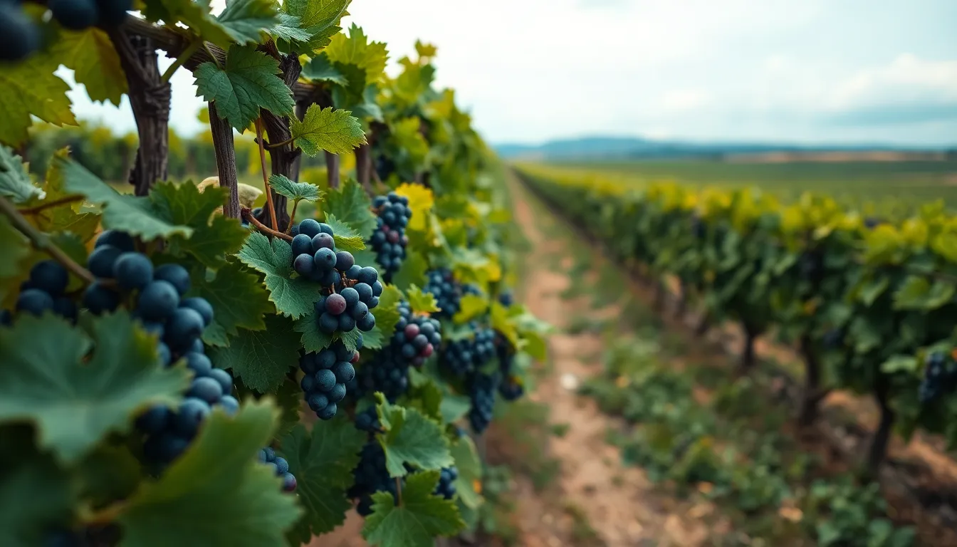 Aerial Vineyard View at Harvest Time This captivating aerial photograph captures a vineyard in its prime during harvest time, with rows of lush grapevines stretching toward the horizon. The soft overcast light gently enhances the colors of the grapes, creating a serene and inviting atmosphere. The selective focus draws attention to the plump fruits ready for picking, while the tranquil green and purple hues evoke a sense of abundance. Perfect for showcasing agricultural real estate or promoting vineyard tourism.