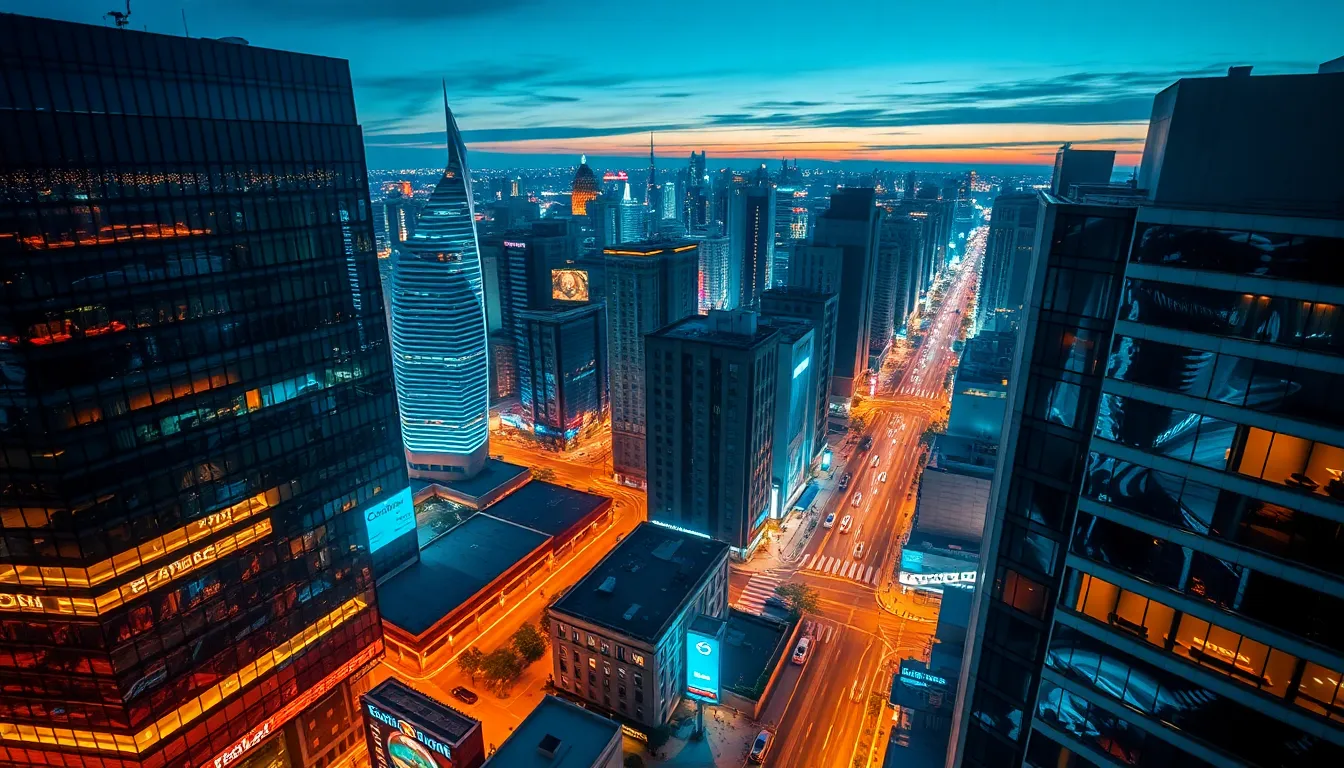 This dynamic aerial shot captures a vibrant cityscape during twilight, showcasing the interplay of city lights against a deepening blue sky. The vivid oranges and cool blues create a cinematic feel, drawing the viewer into the bustling streets below. With sharp focus throughout the frame, the image reveals intricate details of the architecture, textures, and the grid-like arrangement of streets that characterize urban life.
