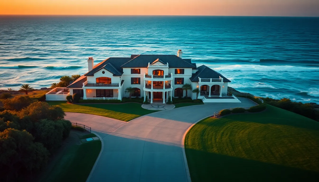 This stunning aerial photograph showcases a luxurious coastal mansion perched on cliffs, with breathtaking ocean views. Captured during the golden hour, the warm light accentuates the home's exterior and manicured gardens, while soft shadows add depth to the scene. The rich blues of the ocean and soft oranges in the sky create a serene atmosphere, inviting viewers to imagine the lavish lifestyle. Leading lines from the driveway guide the eye towards the majestic entrance, making it a perfect representation of upscale real estate.