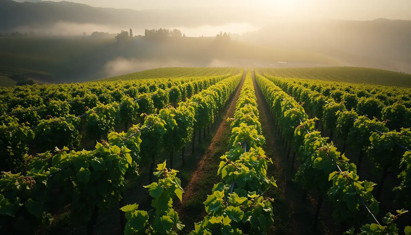 Experience the beauty of nature with this stunning aerial shot of a vibrant vineyard captured in the early morning. The soft, diffused light adds an ethereal quality to the lush greens and rich browns of the landscape. Intricate details of the grapevines and dewdrops create a captivating texture, enhancing the sense of depth. This composition is a perfect representation of agricultural real estate and its allure.
