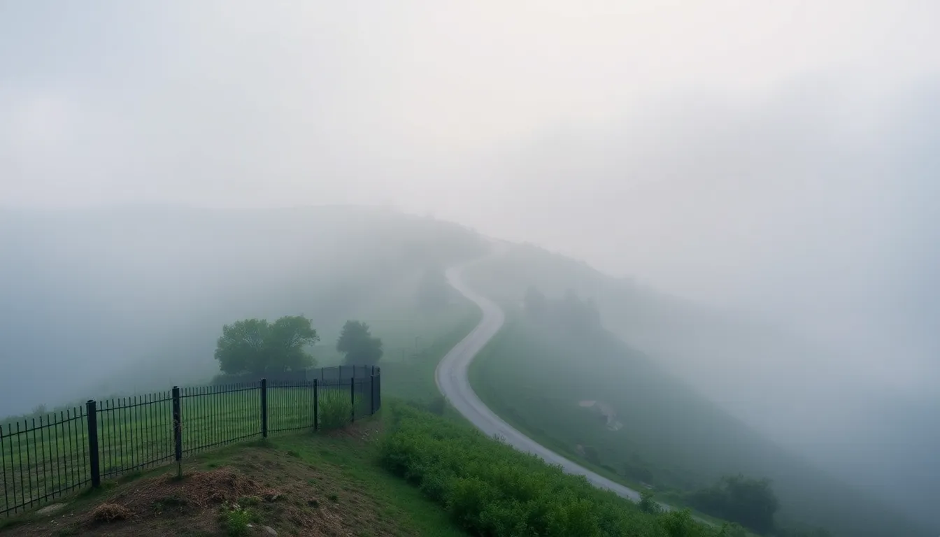 This ethereal aerial photograph showcases an exclusive gated community nestled in the rolling hills, enveloped in morning mist. The soft, diffused light bathes the scene in cool tones, creating a tranquil atmosphere perfect for a serene lifestyle. Every detail is sharply in focus due to the hyperfocal distance, giving a sense of depth and layering. The muted greens and blues evoke calmness, while the winding road through the community invites viewers to imagine life within this tranquil environment.