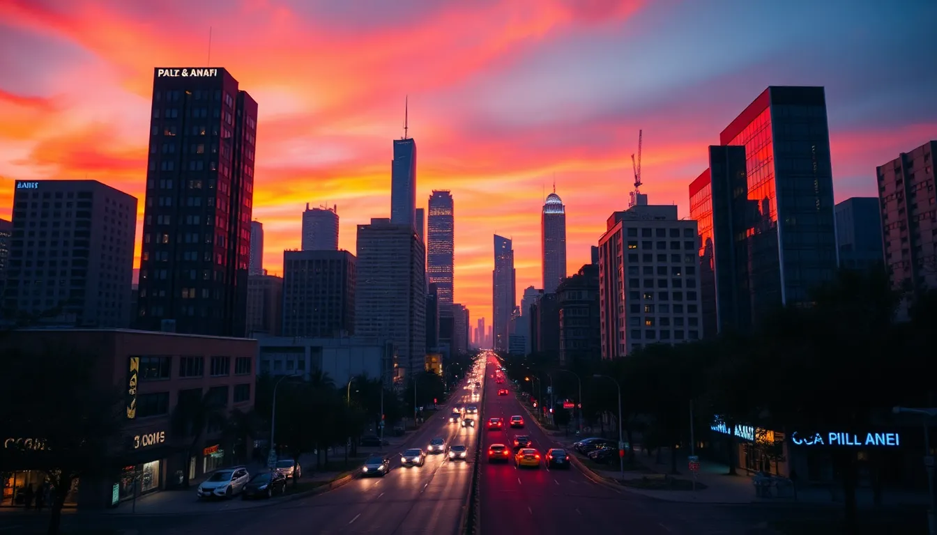 Urban Skyline Dusk Aerial View