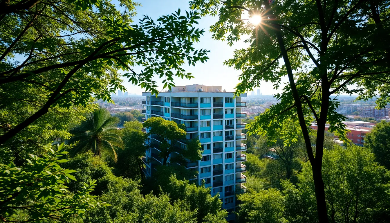 Urban Apartment Complex Surrounded by Nature A striking aerial shot of an urban apartment complex is beautifully framed by surrounding lush greenery. The clear sky provides a backdrop of vibrant blues, while the sunlight creates intriguing shadow patterns across the lawns. With a shallow depth of field, the focus remains on the dynamic architecture of the building, showcasing its modern materials. This image encapsulates the blend of city life and nature, presenting an ideal living environment.