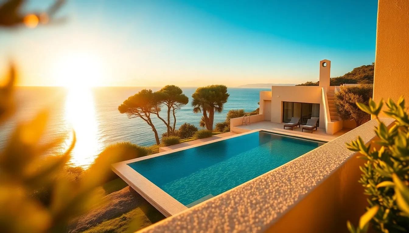 This aerial image showcases a modern coastal villa nestled among lush greenery during the golden hour. The shimmering pool reflects the vibrant colors of the sky and the nearby ocean, creating a stunning contrast with the villa's stucco walls. The shallow depth of field draws focus to the home while providing a beautiful bokeh effect with the surrounding landscape. The composition adheres to the rule of thirds, enhancing the image's visual interest.