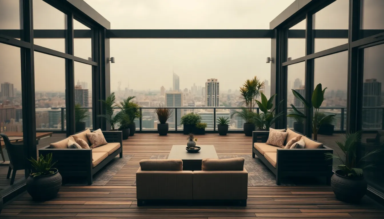 This aerial view captures a stylish penthouse terrace, featuring elegant outdoor furniture and vibrant potted plants under soft, diffused daylight. The overcast sky enhances the tranquil mood, providing a calm backdrop to the luxurious setting. The composition highlights the terrace as an inviting urban escape, perfect for relaxation and leisure. The textures of the wooden decking and plush cushions add depth and warmth.