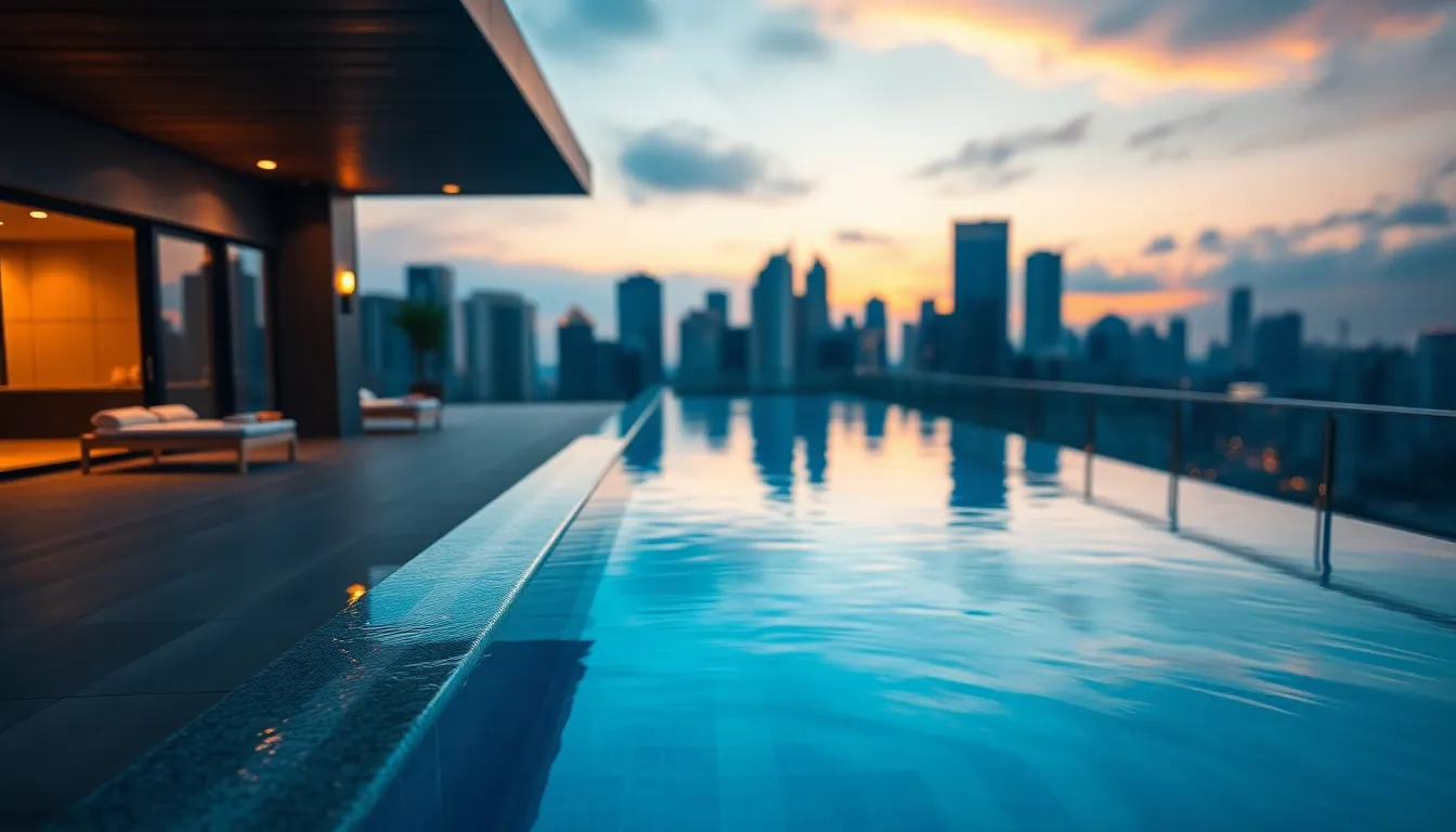 Luxury Penthouse Rooftop Pool at Sunset This luxurious aerial photograph showcases a stunning penthouse with an expansive rooftop pool, perfectly illuminated by the soft light of a setting sun. The warm reflections on the water contrast beautifully with the deep blues of the pool, creating an inviting atmosphere. The exquisite city skyline forms a dreamy backdrop, evoking a sense of upscale urban living. The composition emphasizes elegance and sophistication, making it a perfect image for high-end real estate marketing.