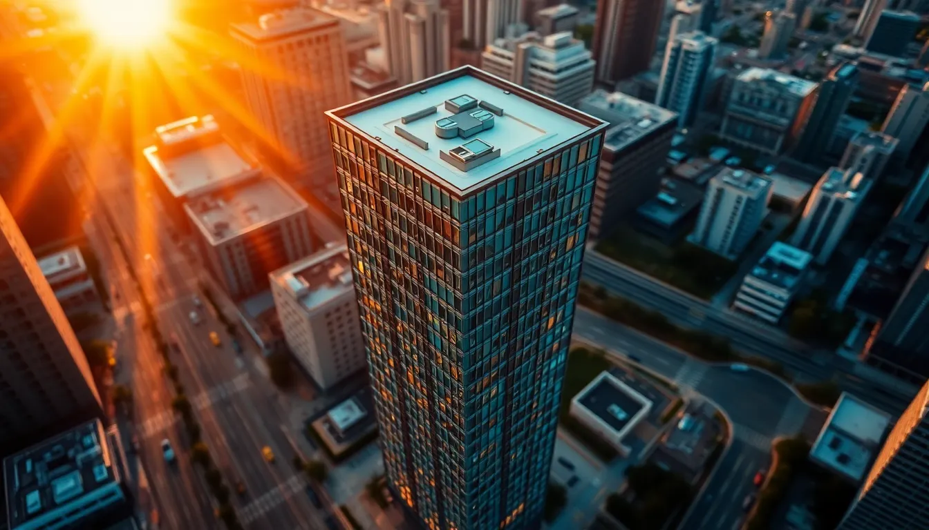 This captivating aerial shot captures the essence of a contemporary high-rise standing tall amidst a bustling city environment during sunset. The warm golden rays juxtaposed with cooler shadows create a dramatic atmosphere, enhanced by the cinematic color themes. The focus on the building's textured façade draws attention to its modern architectural style, while the surrounding streets lead the viewer's eye toward this urban marvel.