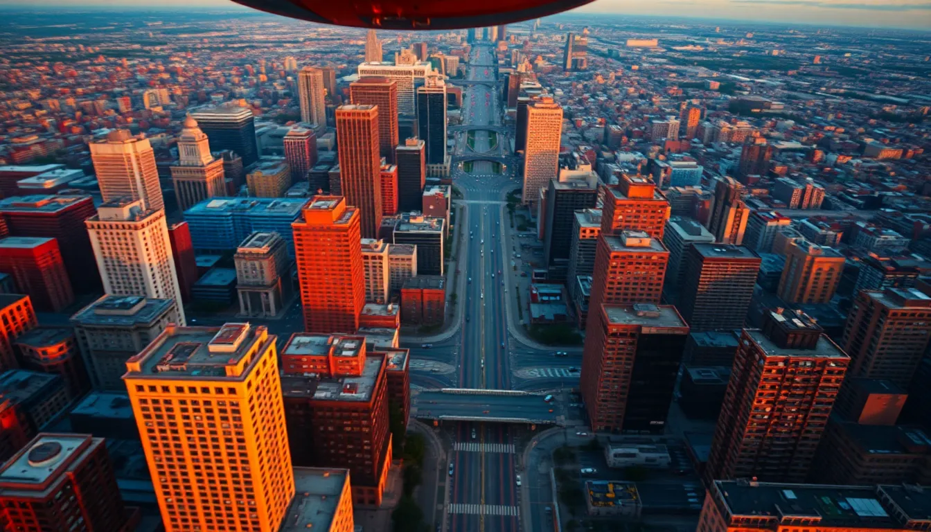 This dramatic aerial view showcases a bustling urban cityscape at sunset, where warm golden lighting creates a picturesque backdrop. The vibrant orange hues reflect off the buildings and enhance the textures of concrete and glass. Focused sharply on a major intersection, the converging traffic creates a sense of dynamic energy, while the blurred skyline adds depth to the scene. Rich colors evoke a cinematic atmosphere, inviting viewers to feel the pulse of city life.