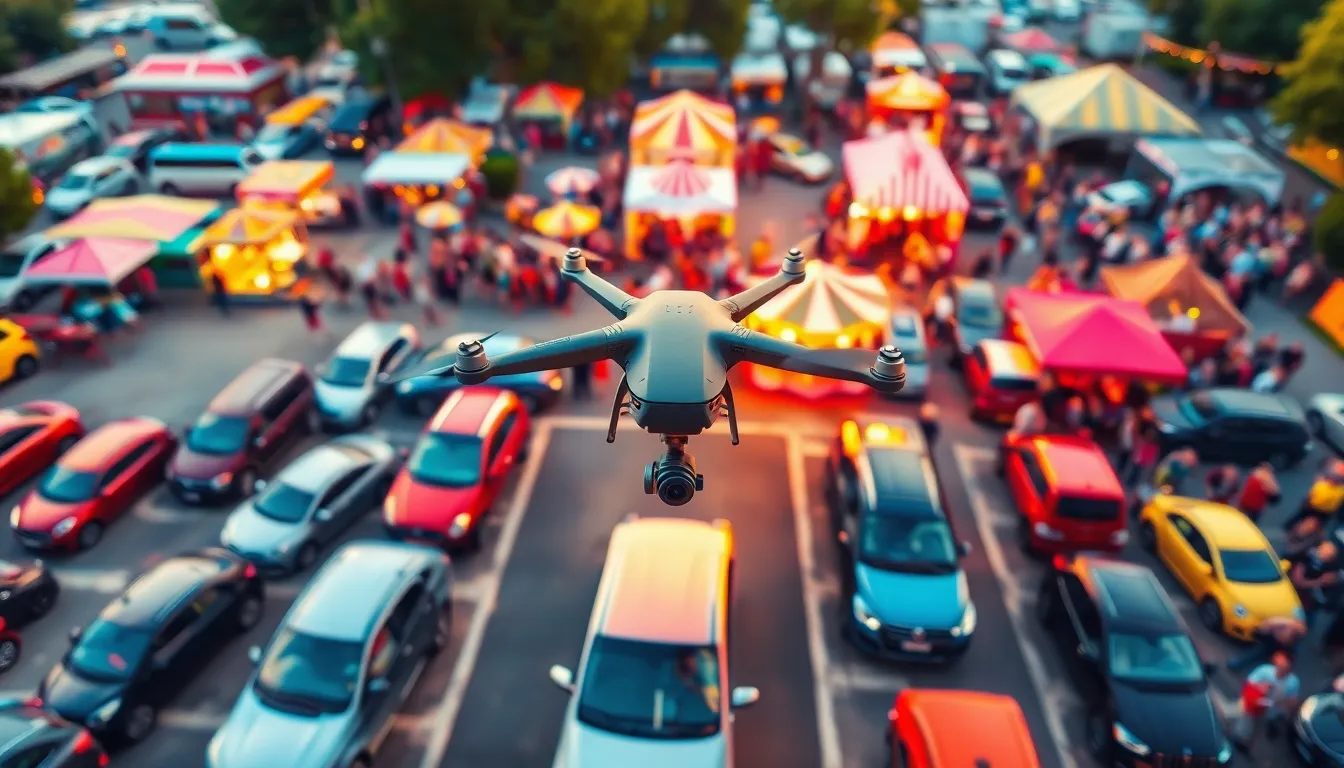 This vibrant aerial shot captures the bustling atmosphere of a summer festival, showcasing a packed parking lot overflowing with cars. Natural lighting illuminates the scene, creating bright reflections off the vehicles and festival stalls. The focused depth of field emphasizes a select few cars while blurring the lively festival area in the background. Rich, saturated colors evoke a sense of festivity, making viewers feel the energy of the event.