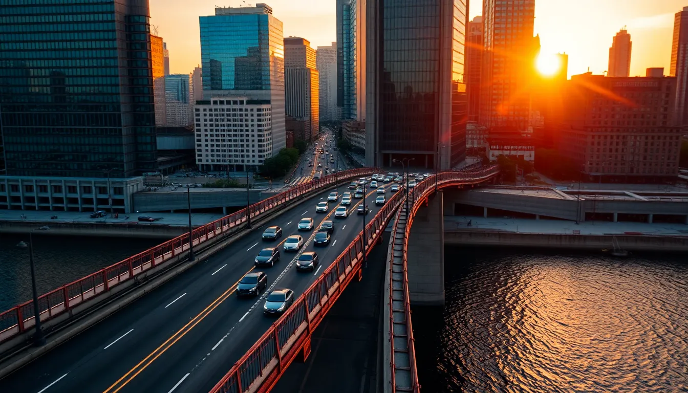 This captivating aerial view captures the dynamic activity on a busy city bridge during sunset, where cars and pedestrians coexist. The warm hues of orange and pink in the sky add a romantic touch to the bustling scene. A shallow depth of field isolates the bridge, bringing attention to its textured concrete structure. The central composition emphasizes movement, while the background buildings create a picturesque city skyline, embodying urban vitality.