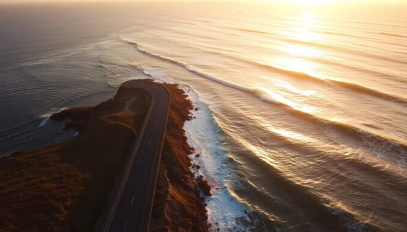 This breathtaking aerial image captures a coastal highway beautifully hugging the shoreline during the golden hour. The warm oranges and yellows illuminate the land and sea, creating a serene and inviting atmosphere. With a hyperfocal depth of field, every detail, from the intricate texture of the road to the frothy waves crashing nearby, is captured sharply. The composition strategically uses the rule of thirds to enhance the visual contrast between the highway and the vast ocean beyond.