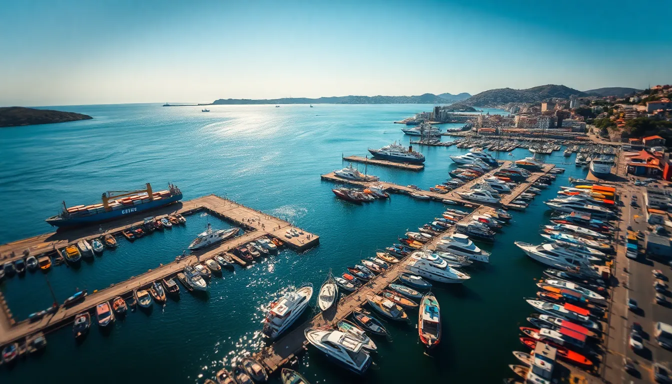 This dynamic aerial photograph depicts a busy harbor filled with vibrant boats and ships navigating through the water. Taken under bright midday sun, the vivid blues of the ocean contrast sharply with the colorful vessels. The hyperfocal depth of field ensures a crisp focus from the docks to the distant hills. The rule of thirds composition draws attention to a prominent ship, while leading lines from the docks guide the viewer through the lively harbor scene.