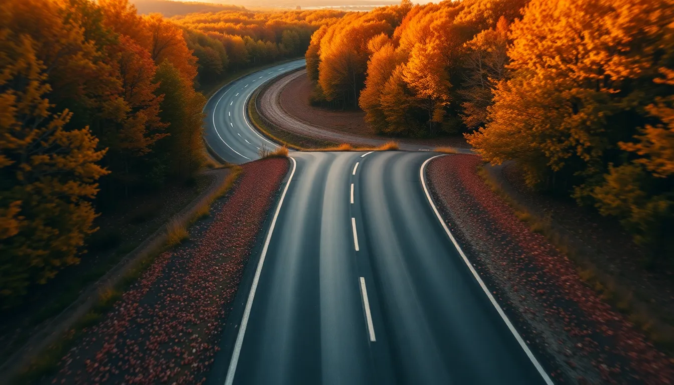 This stunning aerial view captures a winding rural highway wrapped in vibrant autumn colors, showcasing nature's beauty as the leaves change. Captured during golden hour, the warm light enhances the scene's inviting atmosphere. The composition elegantly guides the eye along the road, merging seamlessly with the colorful landscape. Textures of the road and foliage create a striking contrast, evoking feelings of serenity and nostalgia.