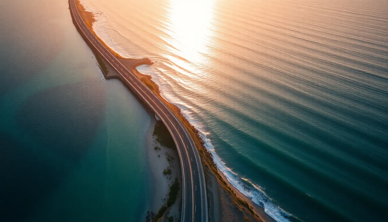 This breathtaking aerial view captures a serene coastal highway winding along crystal-clear turquoise waters, taken during the soft glow of golden hour. The cinematic color grading enhances the rich blues of the ocean and the lush greens of the surrounding landscape. The leading lines of the road draw the viewer into the scene, inviting exploration of the stunning coastline. The textured waves and sandy shore provide a beautiful contrast, adding to the tranquility of this coastal vista.