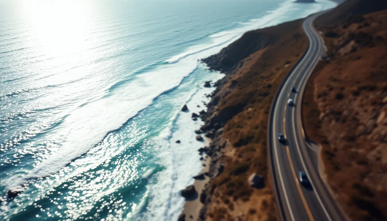 This captivating aerial photograph showcases a coastal highway curving alongside stunning turquoise waters. The sunlit ocean sparkles in the background, enhancing the vibrant blue hues. Vehicles on the road become small elements in this vast landscape, emphasizing the scale of nature against human activity. The shallow depth of field enriches the scene with a soft bokeh effect, while the dynamic Dutch angle adds a thrilling sense of adventure to the coastal drive.