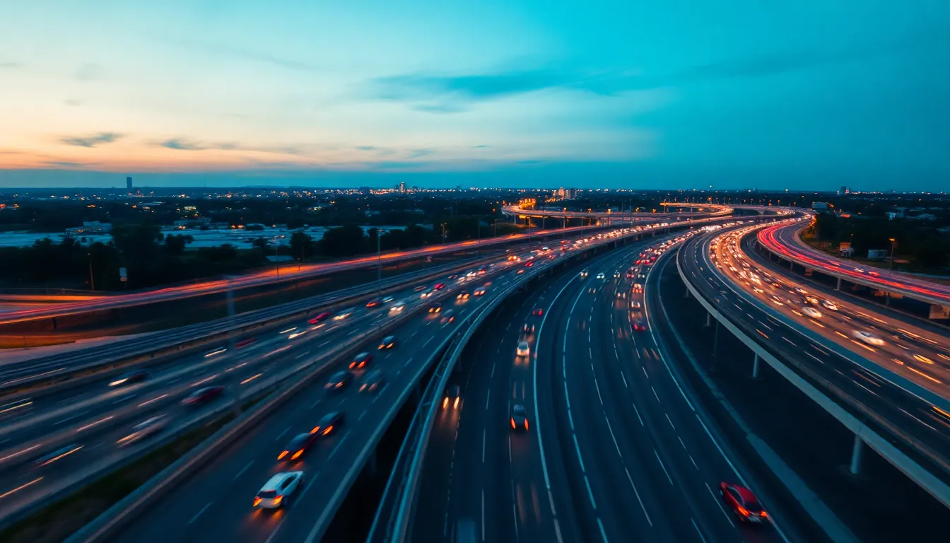 This stunning aerial view captures a freeway interchange at dusk as city lights begin to sparkle against a rich blue sky. The weaving lanes of cars create a dynamic flow of movement, highlighted by cinematic teal and orange tones that give the scene a dreamlike quality. With everything in sharp focus, the carefully arranged composition emphasizes the beauty of urban traffic at twilight, inviting viewers to be part of this bustling metropolis.