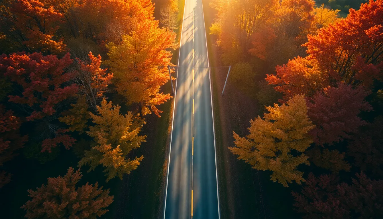 This aerial photograph presents a serene rural road enveloped in a stunning display of autumn foliage, with vibrant reds and yellows that capture the essence of fall. The warm afternoon light creates a magical atmosphere as it filters through the trees. The shallow depth of field draws focus to the road, imparting a sense of calm and tranquility. The symmetrical composition harmonizes the elements, inviting viewers to appreciate the beautiful transition of seasons.