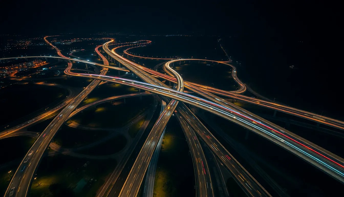 This striking aerial view portrays a bustling highway interchange at night, transformed into a canvas of vibrant light trails from vehicles. The top-down perspective emphasizes the intricate patterns created by the roads, while the deep blues of the night sky contrast beautifully with the bright headlights and taillights. The image evokes a sense of movement and energy, capturing the essence of urban nightlife and transportation.