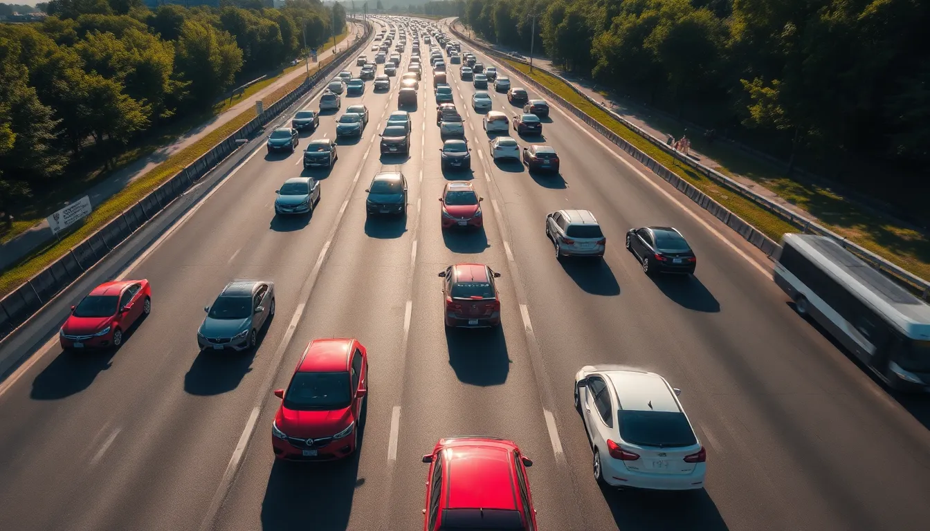 This aerial perspective captures a congested highway bustling with traffic during rush hour. The vivid reds and blues of vehicles contrast sharply against the gray asphalt, while sharp shadows highlight the midday sun. The extensive depth of field ensures every vehicle is in focus, creating a sense of motion and urgency. Leading lines guide the viewer’s eye, emphasizing the hectic flow of city life.