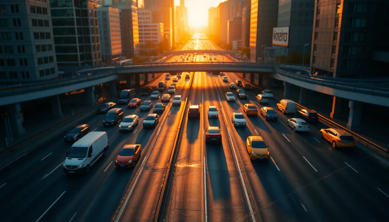 An aerial shot of a busy urban interchange during the golden hour, showcasing the vibrant flow of traffic. Vehicles glimmer under the warm light, with shadows stretching across the road. The composition uses leading lines to guide the viewer’s gaze, creating a sense of dynamic movement. Soft hues of orange and yellow blend beautifully with the cooler tones of the concrete landscape.