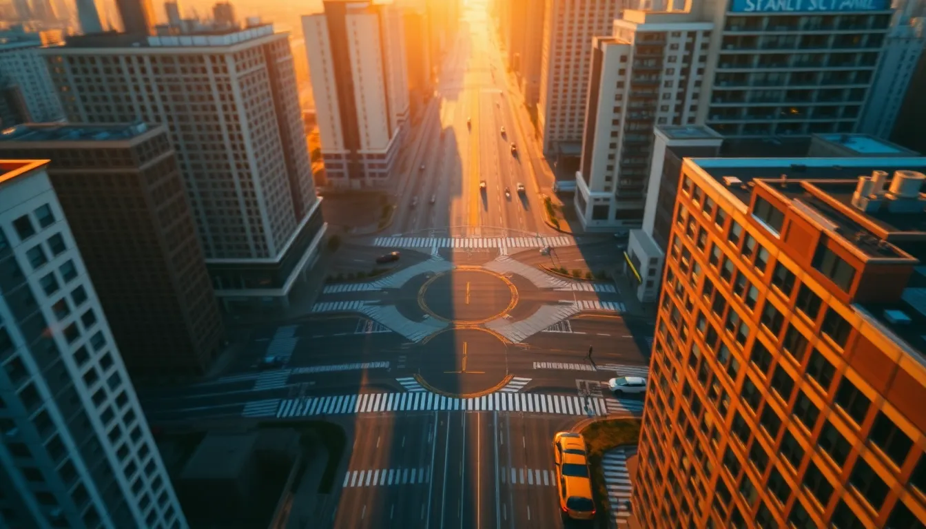 This aerial photograph captures a vibrant city intersection during the golden hour, highlighting the interplay of light and shadow on high-rise buildings and moving vehicles. The warm orange and soft yellow tones contrast beautifully with the cool shadows, enhancing the dynamic cityscape. The grid pattern of streets creates a mesmerizing visual flow toward the center, while the texture of asphalt and various building materials add depth to the scene.