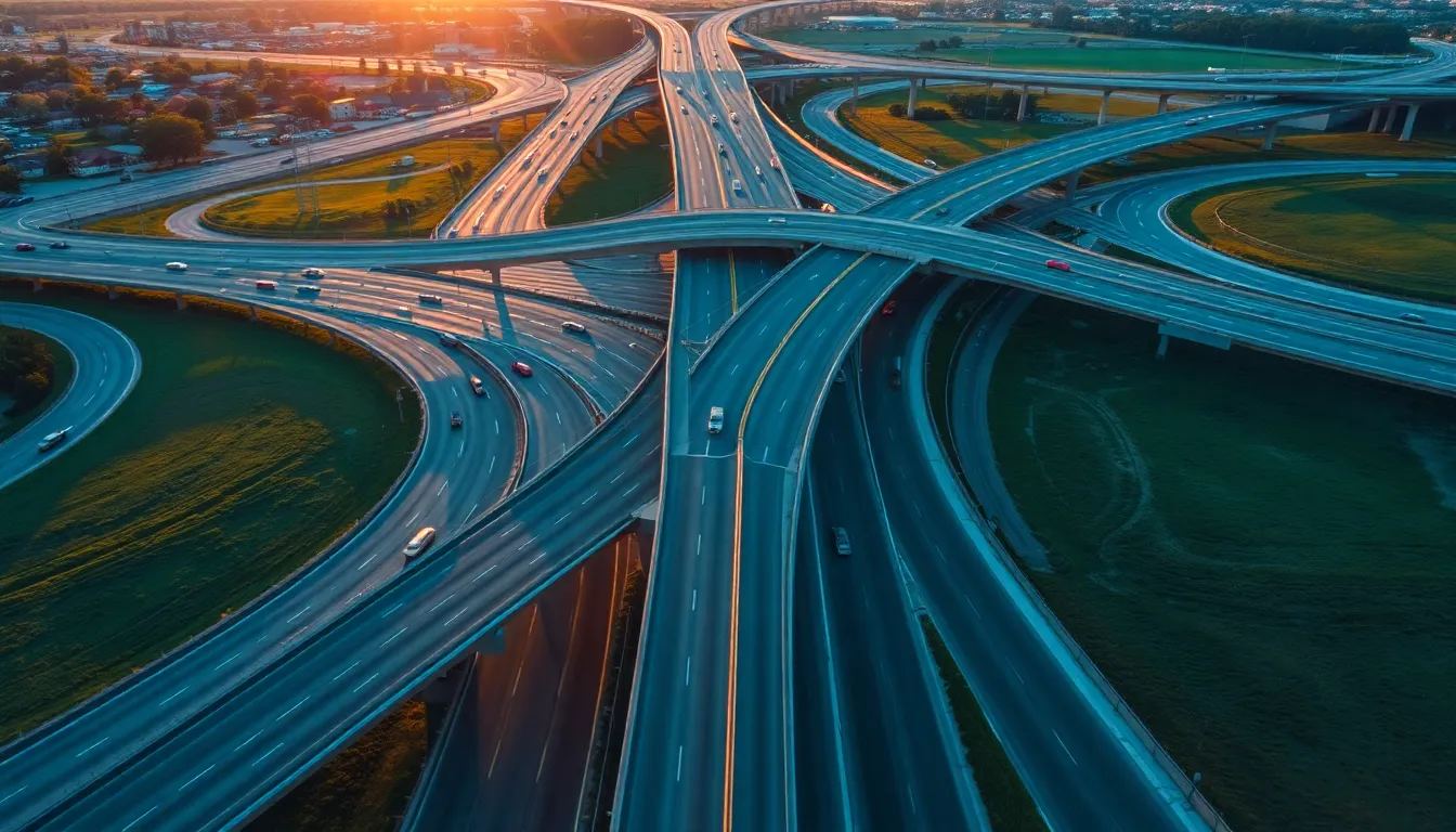 This aerial image captures a bustling highway interchange during the early evening, where vibrant colors play off the long shadows created by the setting sun. The flowing traffic is vividly highlighted against the asphalt, creating a dynamic visual rhythm. The scene utilizes a soft blur around the edges to focus on the intricate patterns of vehicles navigating the interchange. The lush green of roadside grass adds a refreshing contrast to the urban environment.