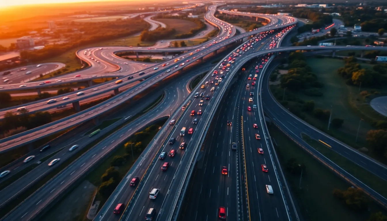 This aerial image captures a vibrant highway interchange during rush hour, drenched in the warm light of sunset. Vehicles of various colors create dynamic patterns against the dark asphalt while the sky transforms into a palette of oranges and purples. The leading lines of the roads draw the viewer's eye, conveying a feeling of movement and urgency. The contrast between the urban infrastructure and the soft textures of the surrounding greenery enhances the scene's depth and interest.