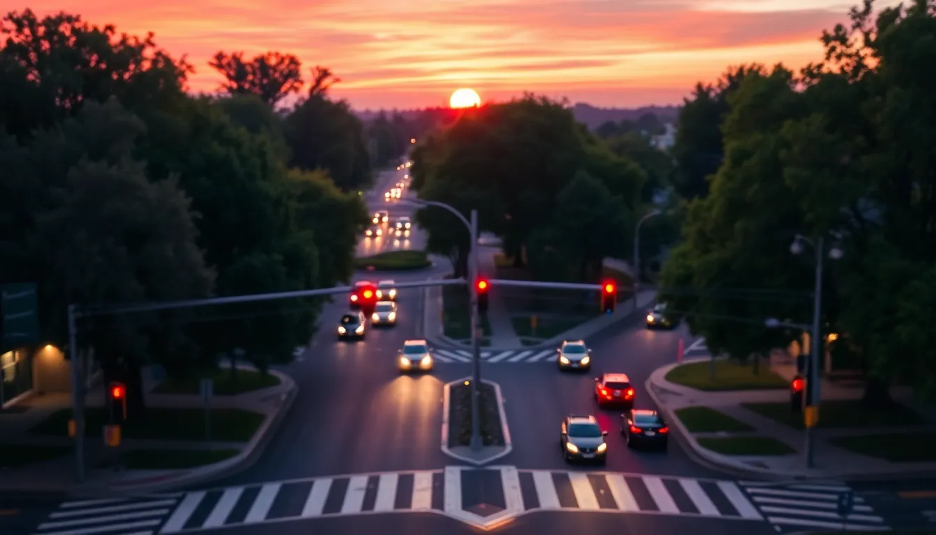 This captivating aerial shot presents a bustling suburban intersection at twilight, with vehicles paused at a red light. The warm glow from the setting sun bathes the scene in soft purples and oranges, creating a serene yet lively atmosphere. The shallow focus accentuates the intersection while blurring the surrounding urban environment, with the vibrant sky adding an artistic touch. The composition skillfully aligns the intersection along the lower third of the frame, enhancing visual interest.