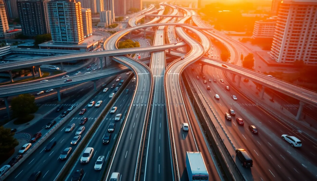 This aerial photograph captures a vibrant urban interchange teeming with vehicles during rush hour. The golden hour light bathes the scene in warm tones, creating a dynamic interplay of shadows and highlights. Leading lines from the winding roads draw the viewer's eye deeper into the busy scene. The contrast between the asphalt textures and the colorful vehicles brings life to the urban landscape.