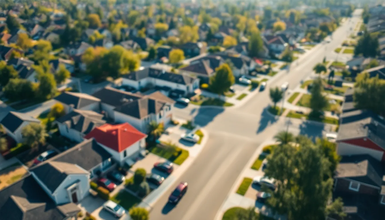 This warm aerial perspective captures the lively essence of a suburban neighborhood during a bright afternoon. The vibrant hues of homes and parked cars shine in the sunlight, creating an inviting atmosphere. Selectively focusing on one block draws the eye, while softly blurring the adjacent areas enhances the depth and tranquility of suburban life. The central composition reflects the hustle and bustle of a community coming to life, inviting viewers to appreciate the beauty of everyday moments.