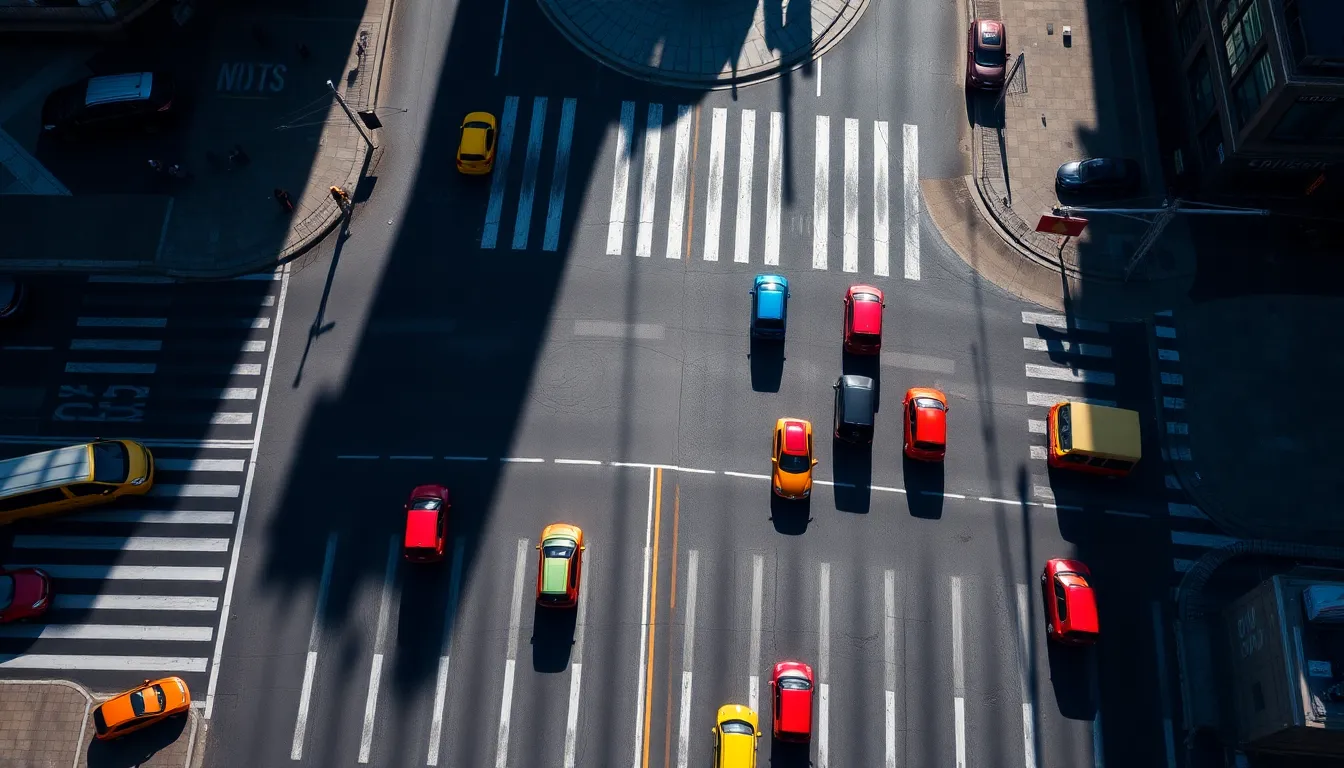 This aerial shot captures the energetic pulse of a bustling urban intersection, filled with colorful vehicles in motion. Shot under midday sun, the scene comes alive with vibrant colors and sharp contrasts, emphasizing the rhythm of city life. The dynamic leading lines of the streets guide the viewer's eye across the frame, while the textured asphalt adds realism. It’s a vivid portrayal of modern urban transportation.