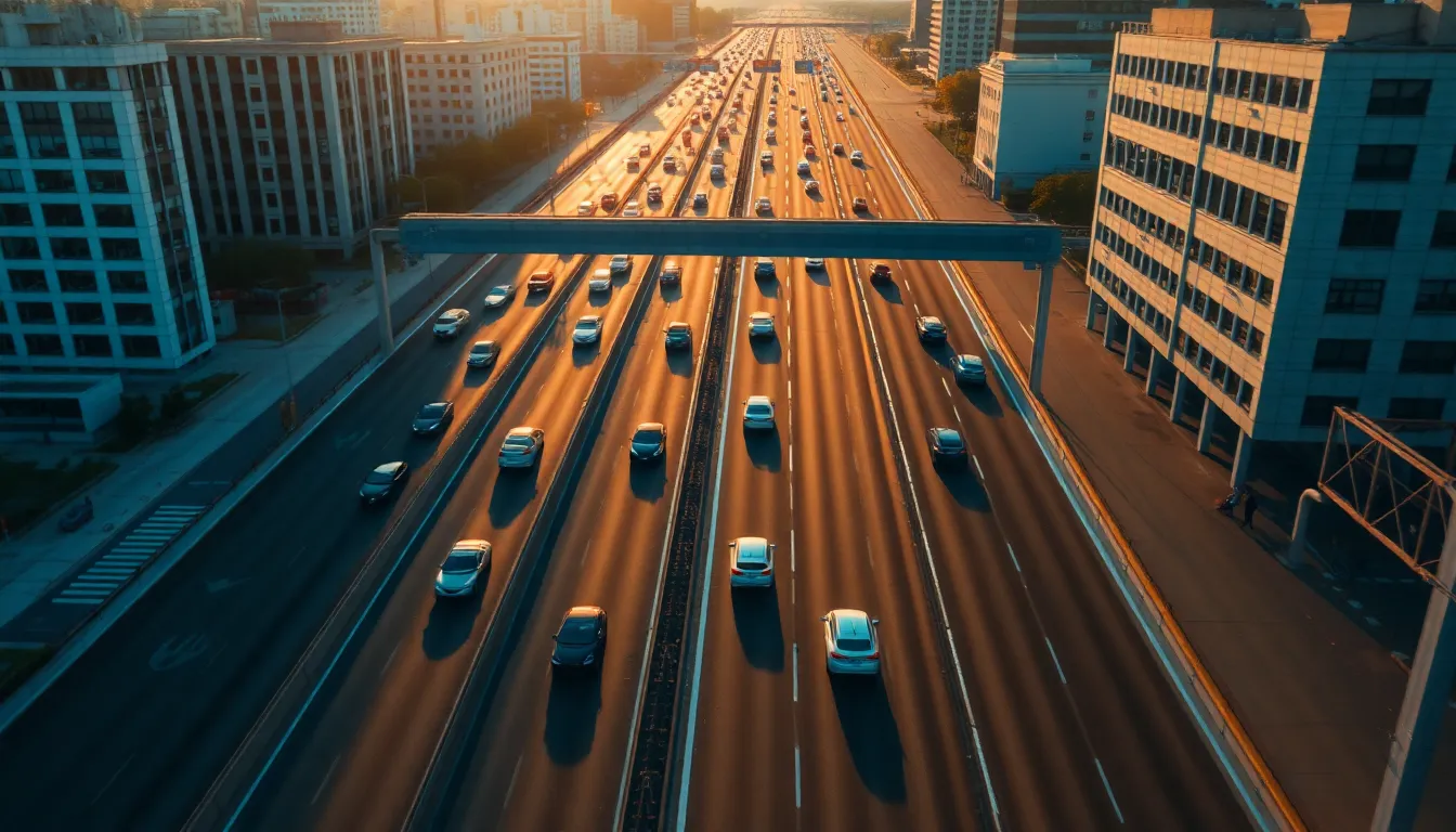 This aerial image captures a bustling city highway during rush hour, filled with a variety of vehicles. The warm hues from the late afternoon sunlight provide a vibrant atmosphere, highlighting the textures of both the asphalt road and surrounding concrete structures. The composition’s leading lines guide the viewer's eye through the scene, emphasizing the dynamic movement of urban life. The clear sharpness captures the intricacies of the setting, making it a striking representation of modern transport.