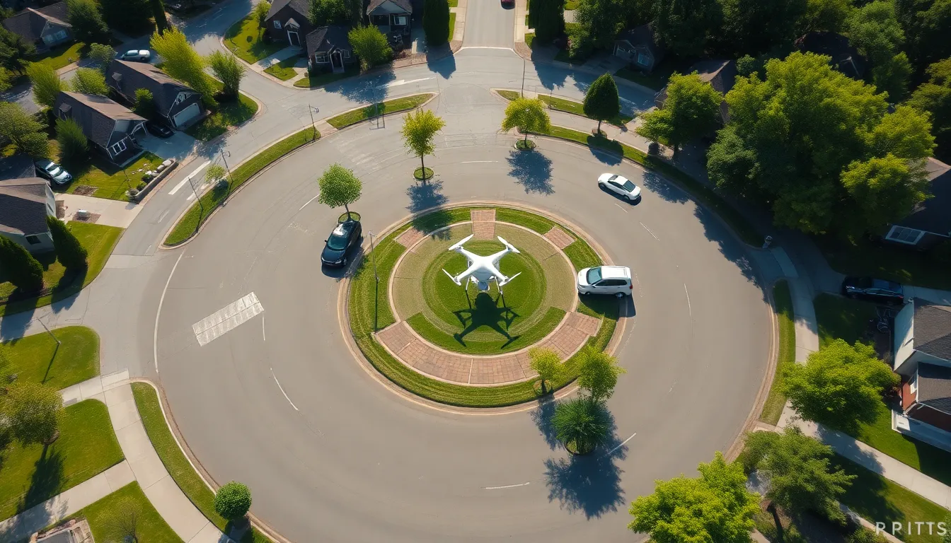 This vibrant aerial image captures the dynamic activity of a roundabout in a suburban neighborhood, showcasing the fluidity of daily traffic. The bright midday sun brings clarity to the scene, highlighting the lush greenery surrounding the area. With sharp details extending to the background, the image invites viewers to appreciate the organized chaos of everyday life in a community.