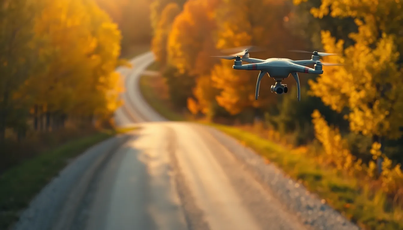 This picturesque aerial view captures a serene rural road surrounded by vibrant autumn foliage. The late afternoon sun bathes the landscape in warm golden light, highlighting the rich oranges and yellows of the leaves. The winding road leads the eye through the composition, adhering to the rule of thirds for a balanced look. Textural details of the gravel road contrast beautifully with the surrounding nature, evoking feelings of peace and nostalgia.