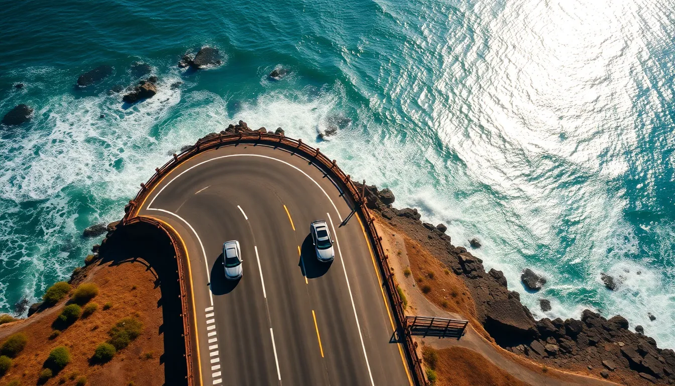 This overhead aerial imagery showcases a bustling coastal highway adorned with vehicles under the bright sun. With vibrant colors and rich contrast, the scene embodies the lively energy of summer adventures. The composition is enhanced by diagonal lines that lead the eye towards the stunning beach, while the ocean glimmers softly in the background. Intricate textures, from the rugged coastline to the sleek asphalt, add depth to this dynamic portrayal of a coastal drive.